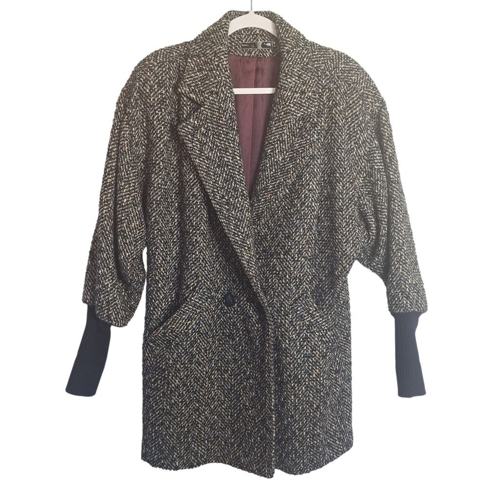 Vintage Lauren Banks Tweed Coat Black Tan Sweater Cuff Womens Size 8